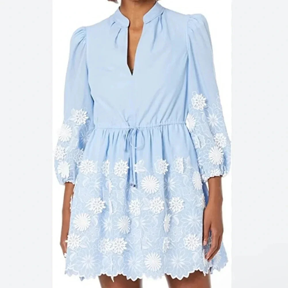NWT Milly Elise 3D Floral Embroidered Dress Split Neck Chambray Dress Size 6